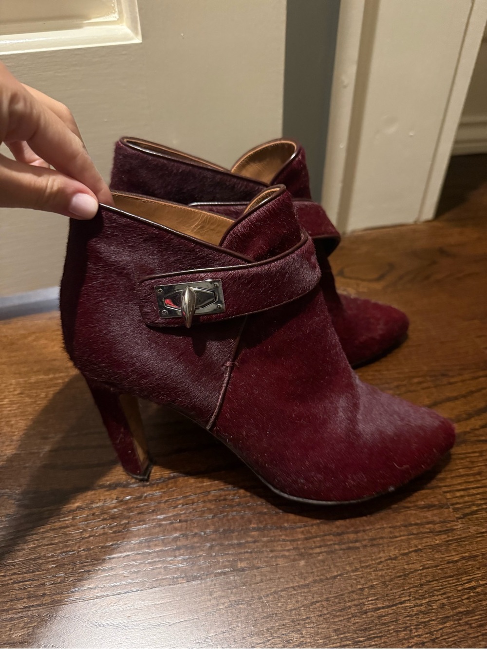 Givenchy Burgundy Pony-Hair Ankle Booties with Buckle Accent